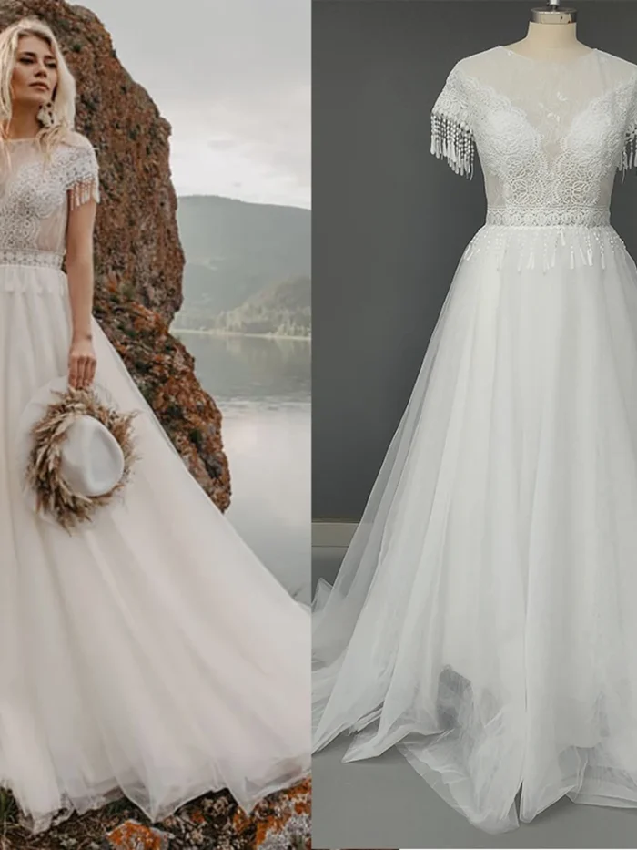 Boat neckline and beaded tassel fringe sleeves on a boho tulle wedding dress