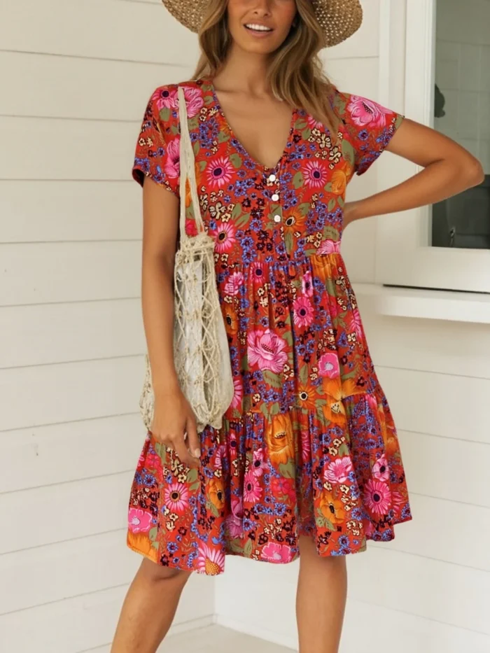 Garden Path: Short Sleeve Tiered Floral Print Summer Dress