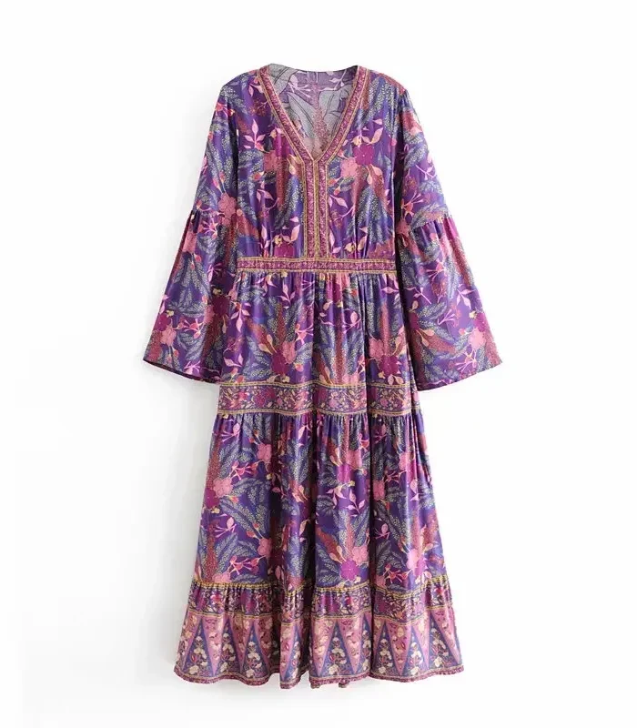 Desert Blooms Boho Floral Tiered Dress with Bell Sleeves