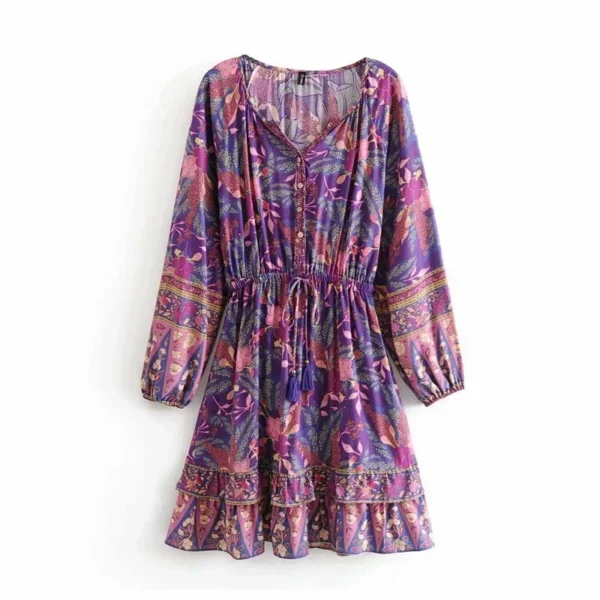 S305cb828730844b3a165a176c084aa38D.webp Serenade A-Line Floral Bohemian Dress with Ruffle Hem and Tassel Tie