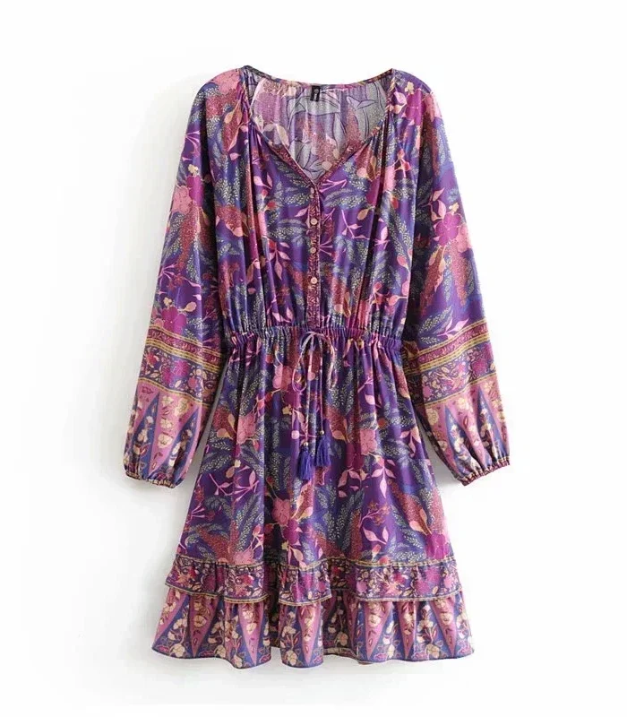 Serenade A-Line Floral Bohemian Dress with Ruffle Hem and Tassel Tie