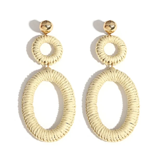 S3182d090f73e4c8fa5acc4e7637bf477X.webp Double oval wrapped raffia drop earrings with gold-tone studs