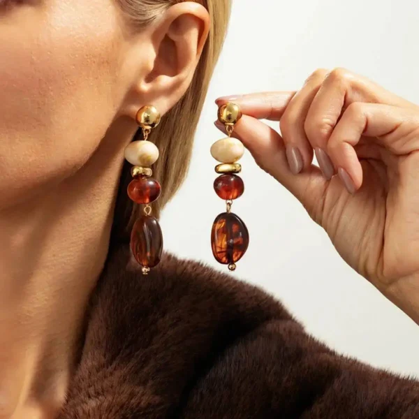 Boho Earrings with Bold Stone Accents and Gold Highlights Brown – Spirit & Rebel