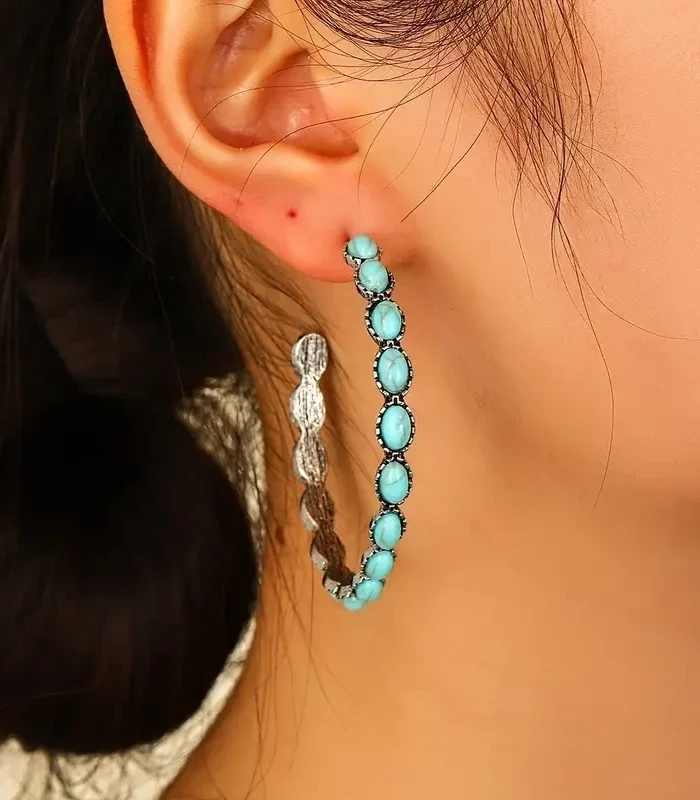 Western Chic Stone Hoop Statement Earrings