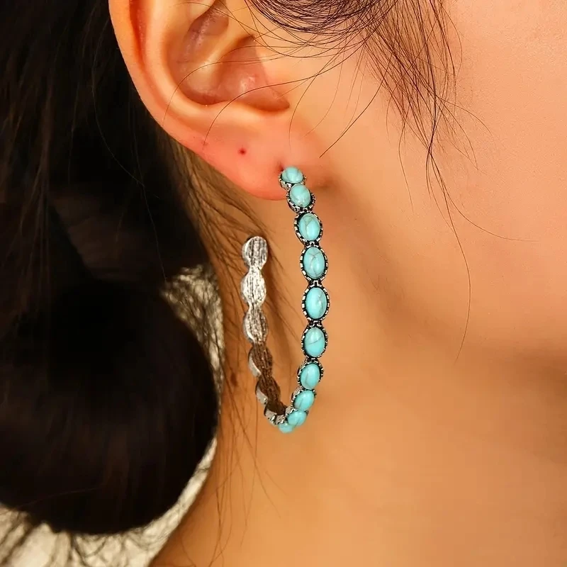 Western Chic Stone Hoop Statement Earrings
