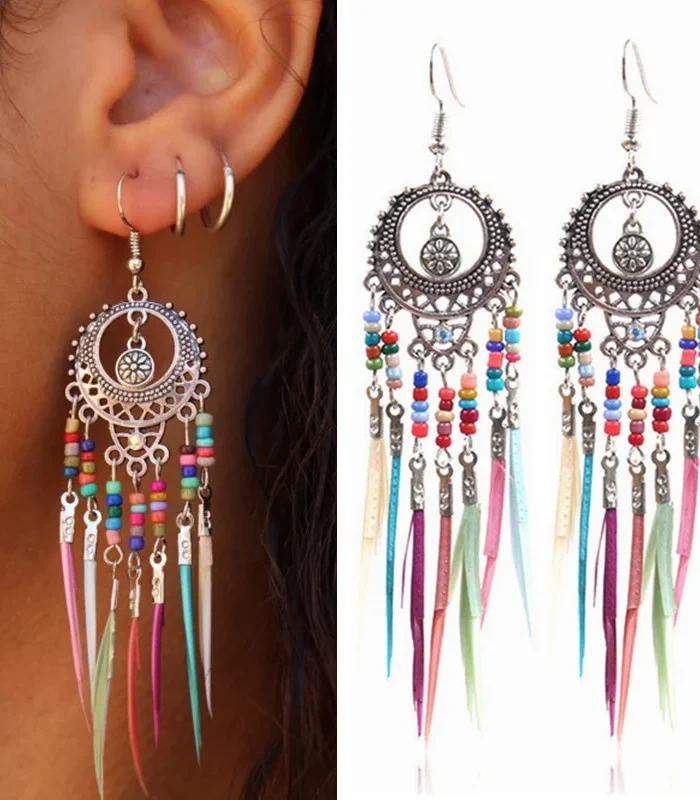 Dreamcatcher-Inspired Boho Earrings with Colorful Bead Accents