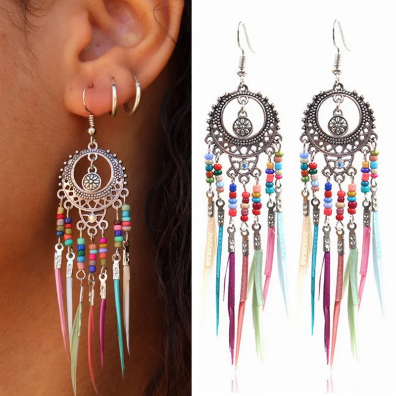 Dreamcatcher-Inspired Boho Earrings with Colorful Bead Accents