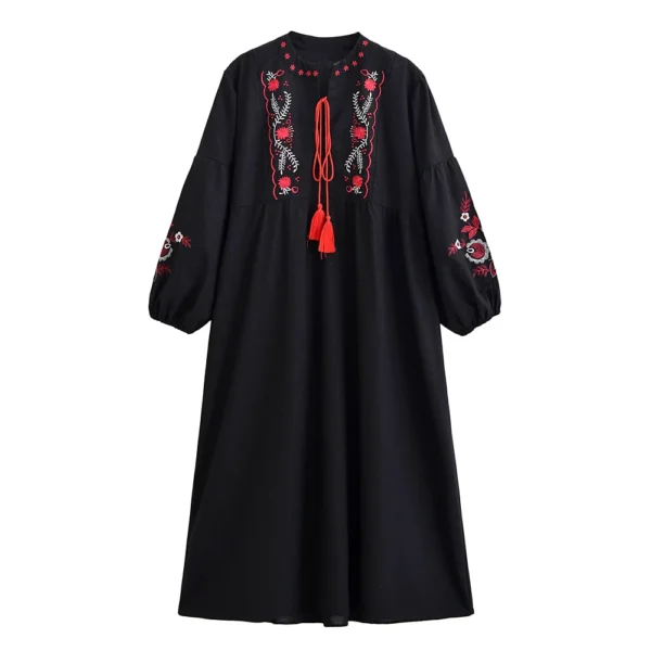 S4050eb6083aa4b4f8a23304e393b52bag.webp Folk-Inspired Embroidered Boho Maxi Dress | Tassel Tie & Puff Sleeves