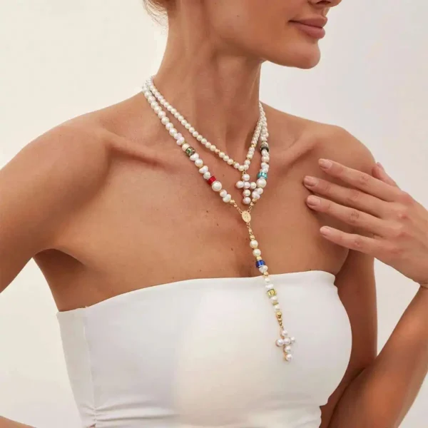 S4235e47ac68d4de0adb63abc1a9f5c4fd.webp Eternal Radiance Layered Pearl Necklace with Cross Pendant