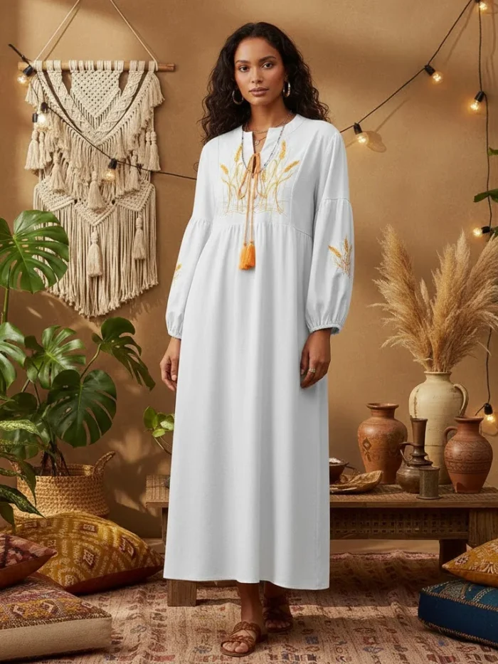 Wheat Stalk Boho Embroidered Maxi Dress