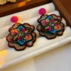 S4476fa73f7434782974f0d29f0e697384.webp Boho Embroidered Flower Statement Earrings - Fuchsia Pink Beaded Drops