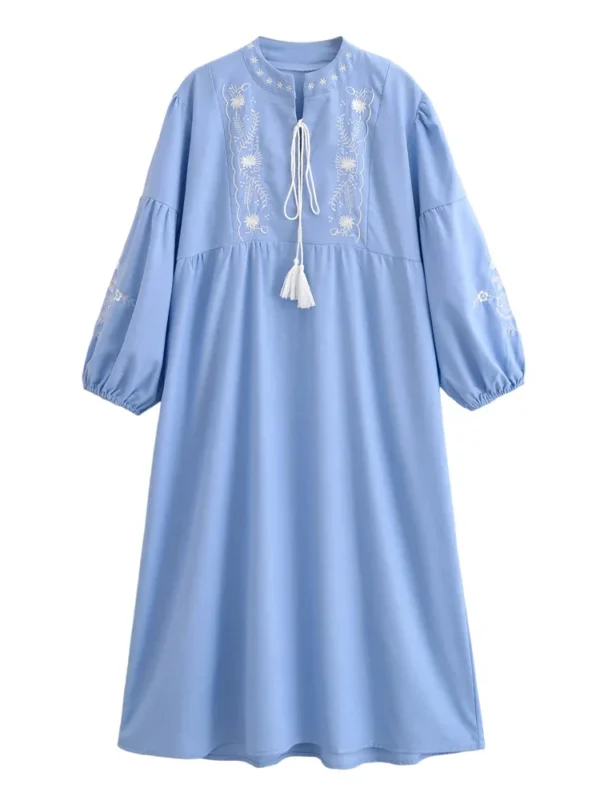S47caa14f9d204cc4a4c8534f9cb2d353T.webp Folk-Inspired Embroidered Boho Maxi Dress | Tassel Tie & Puff Sleeves