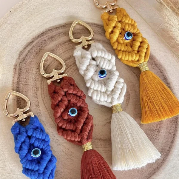 Boho Evil Eye Crochet Keychain Bag Charm with Tassel Detail