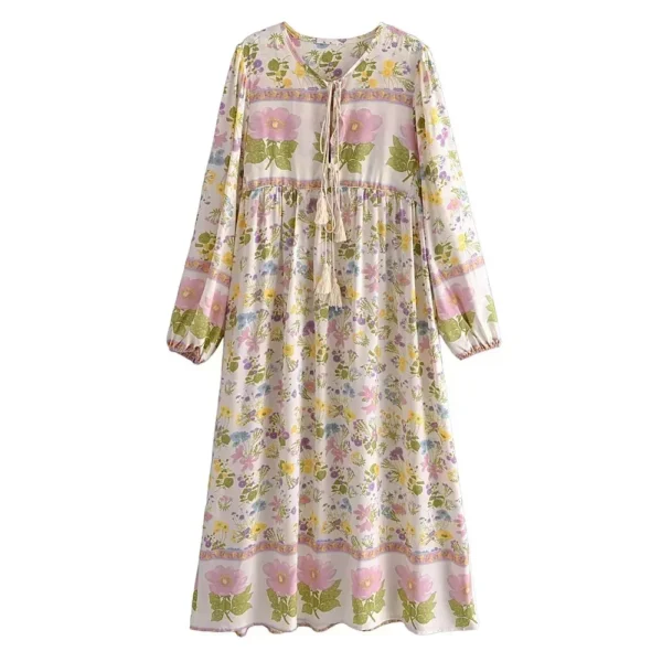 S4cfb9913b2b845fe89187f022cdb21c5v.webp Wilderness Boho Floral Bohemian Dress with Tassels and Tie-Front
