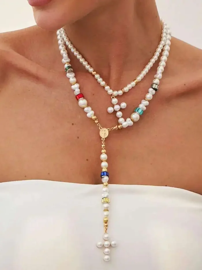 S5028b98a7dd242788f4e6c76d392c8dcS.webp Eternal Radiance Layered Pearl Necklace with Cross Pendant