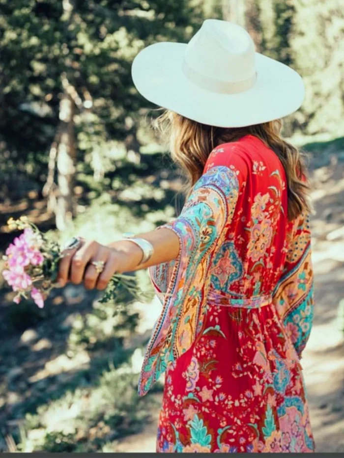 Gypsy Bloom Kimono Midi Dress with Batwing Sleeves