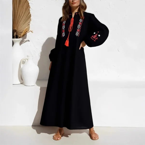 Boho Embroidered Maxi Dress with Tassel Ties and Lantern Sleeves