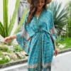 S57241d83586c4f50bbb13105639cf273i.webp Turquoise Floral Wide-Sleeve Kimono Cover-up