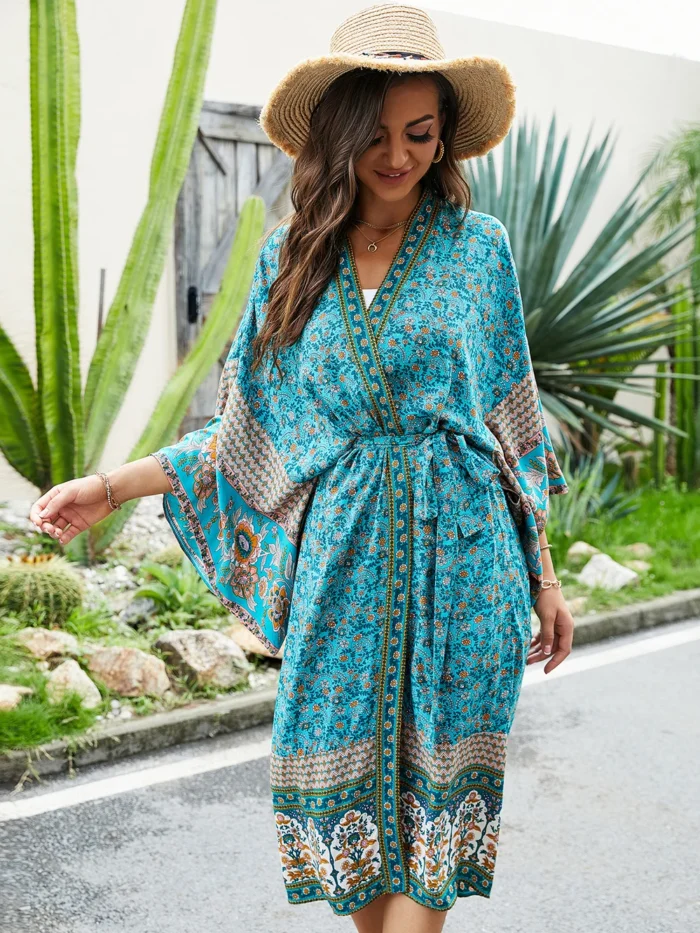 S57241d83586c4f50bbb13105639cf273i.webp Turquoise Floral Wide-Sleeve Kimono Cover-up