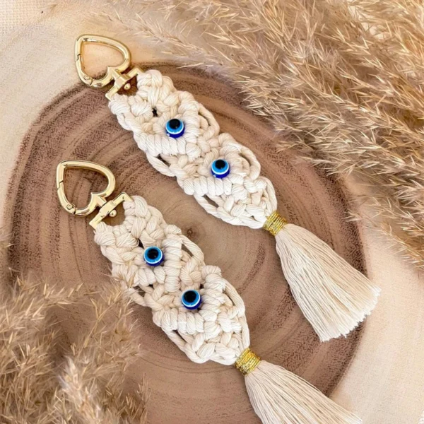 Boho Evil Eye Crochet Keychain Bag Charm with Tassel Detail