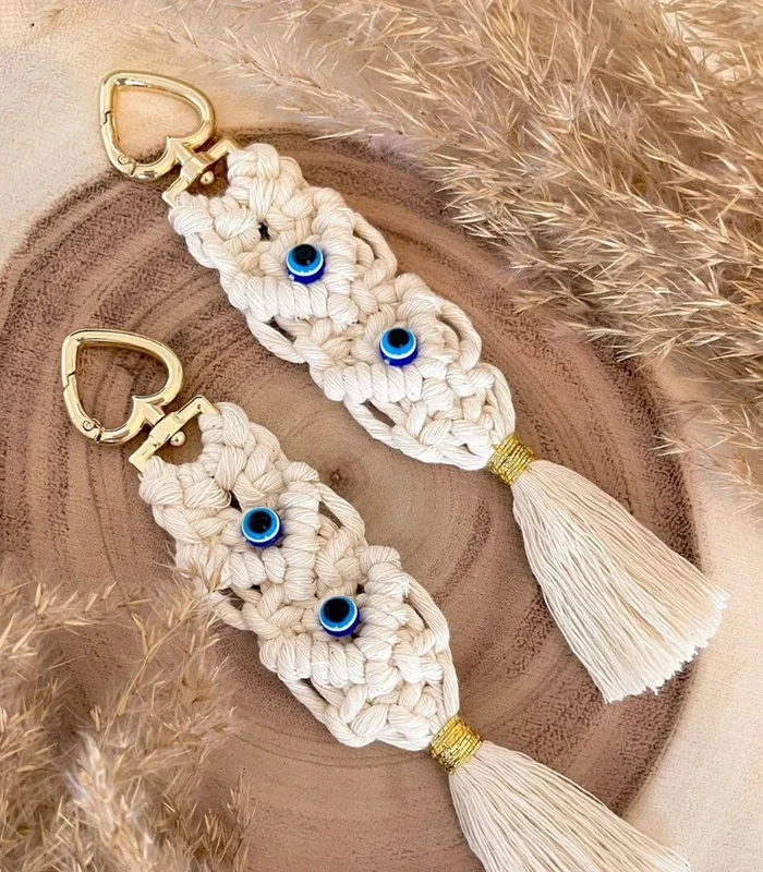 Boho Evil Eye Crochet Keychain Bag Charm with Tassel Detail