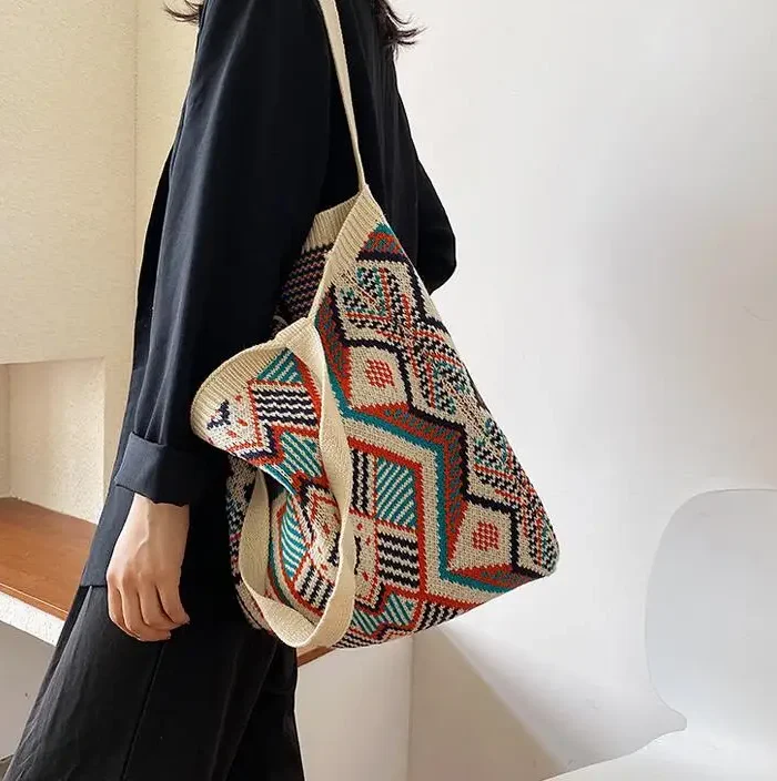 Geometric Woven Boho Tote Bag