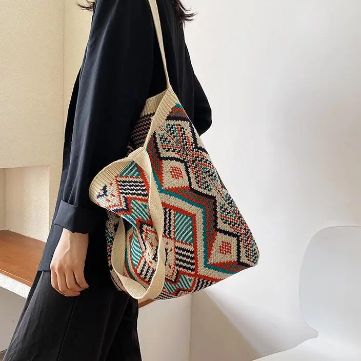 Geometric Woven Boho Tote Bag