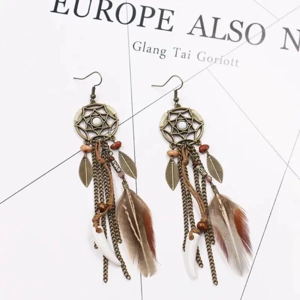 Spirit Tribal Vintage Dream Catcher Feather Earrings with Bohemian Accents