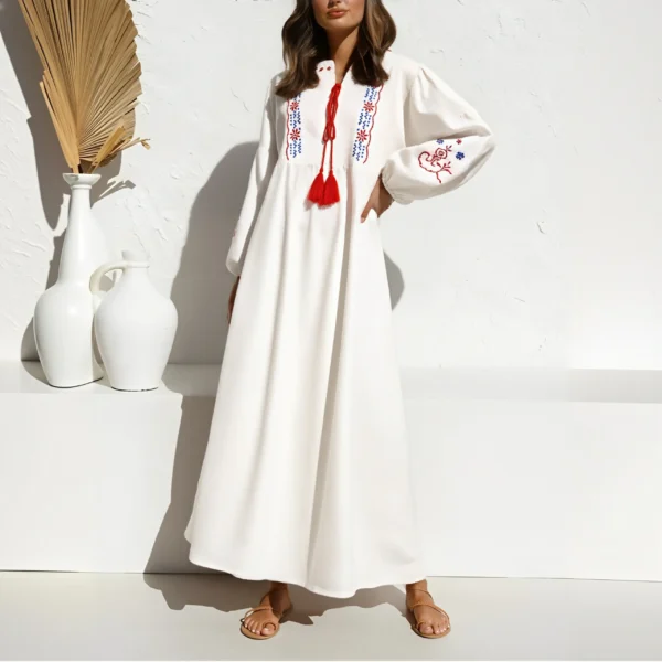 Boho Embroidered Maxi Dress with Tassel Ties and Lantern Sleeves