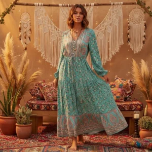 Bohemian Maxi Dress with Button Detail and Drawstring Waist