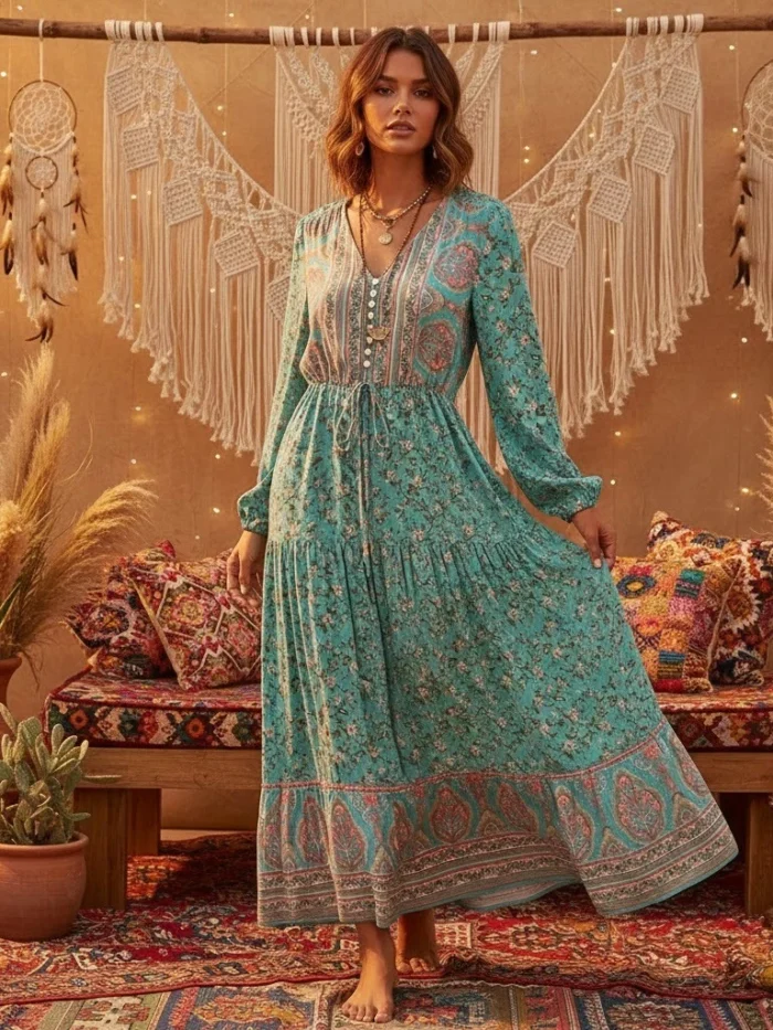 Bohemian Maxi Dress with Button Detail and Drawstring Waist