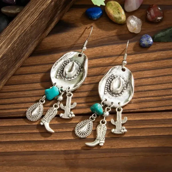 S714e5b62a3324547bf55663b3d55e86bF.webp Cowgirl Spirit Silver Earrings with Cactus and Teardrop Charms