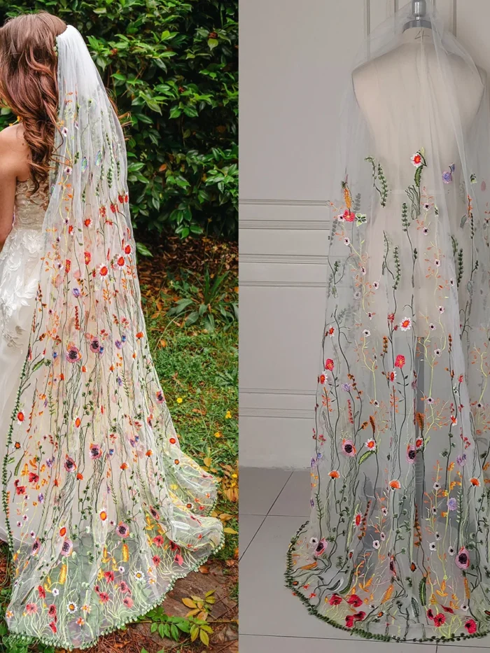 The Honeyblossom Veil, a wildflower wedding veil embroidered all over with poppies, daisies and ferns