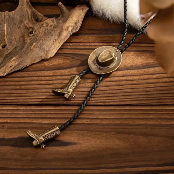 S839e7833903d45c8b53eee6c126a3969u.webp Frontier Adventure Western Bolo Tie with Hat and Boot Accents
