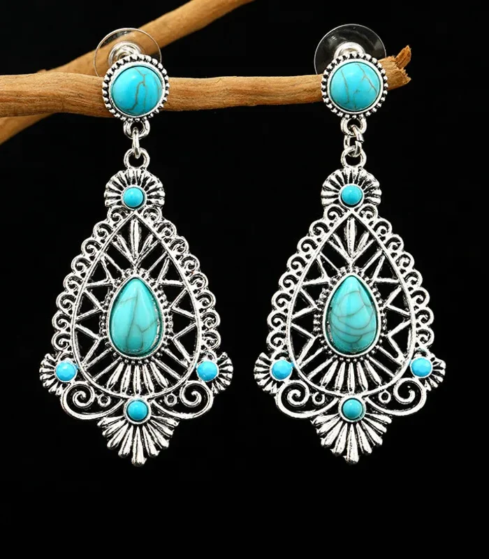 Intricate Silver Boho Earrings with Turquoise Accents