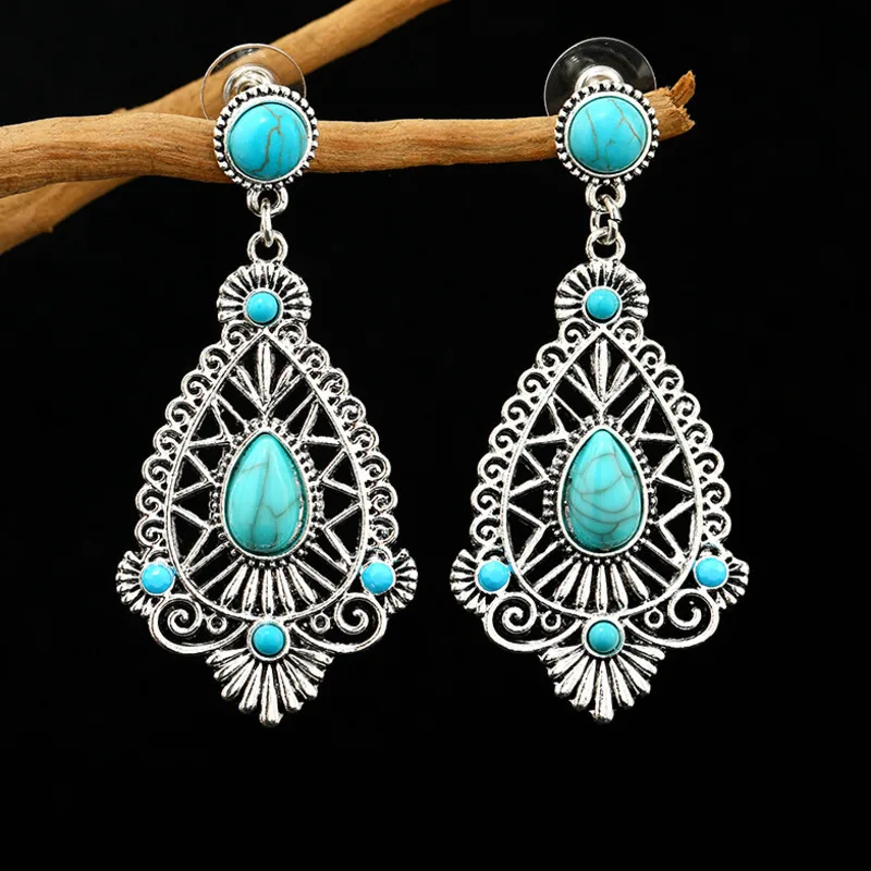 Intricate Silver Boho Earrings with Turquoise Accents