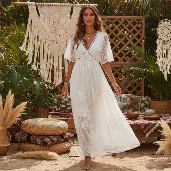 S864943047b67450c9a8c1304fd870b3e8.webp Dreamweaver White Bohemian Lace Maxi Dress with Sheer Overlay