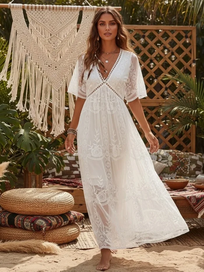 S864943047b67450c9a8c1304fd870b3e8.webp Dreamweaver White Bohemian Lace Maxi Dress with Sheer Overlay