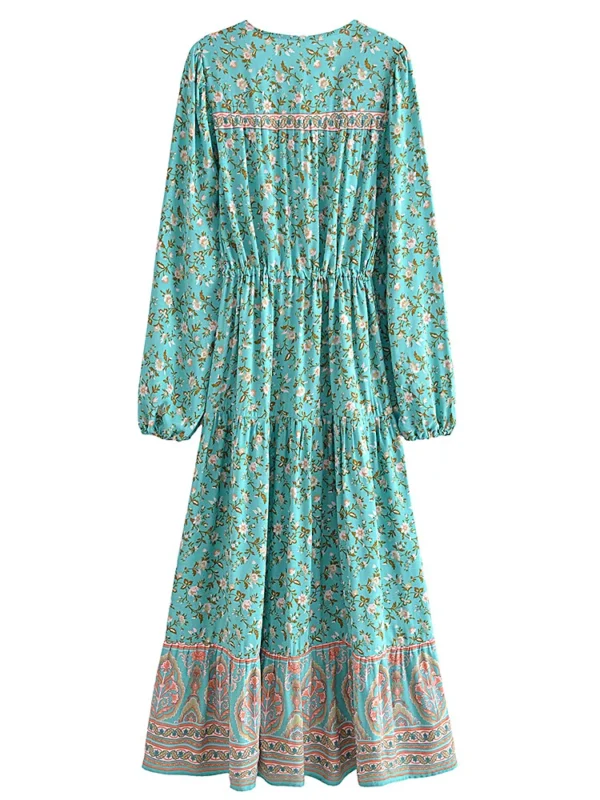 Bohemian Maxi Dress with Button Detail and Drawstring Waist