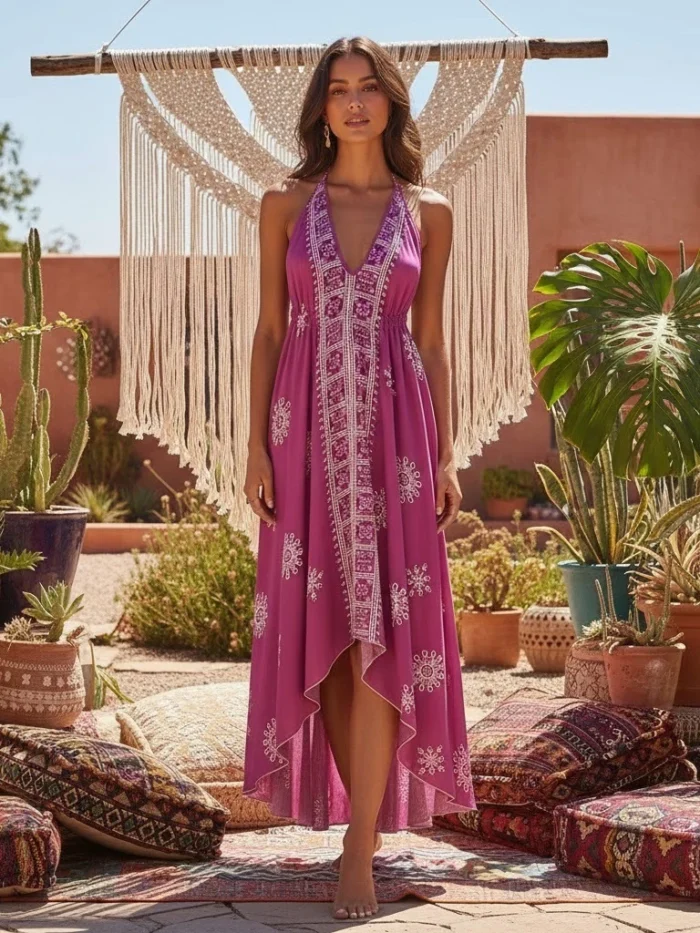 Desert Bloom: Floral Print Backless Halter Maxi with Tassel Hem