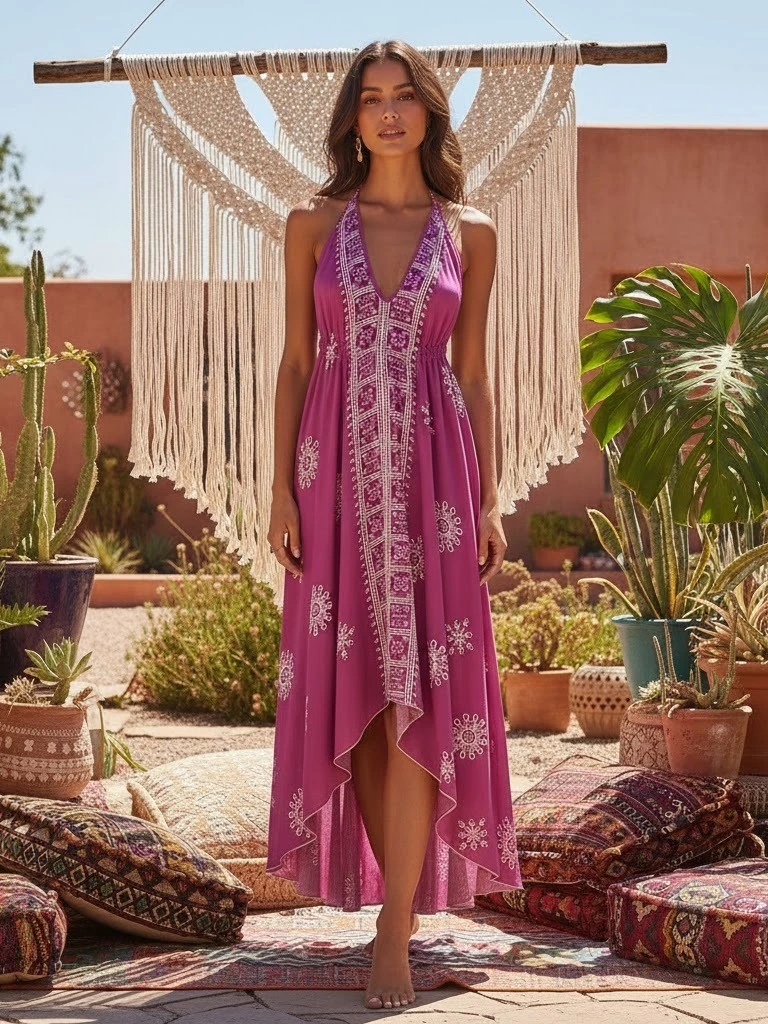 Desert Bloom: Floral Print Backless Halter Maxi with Tassel Hem
