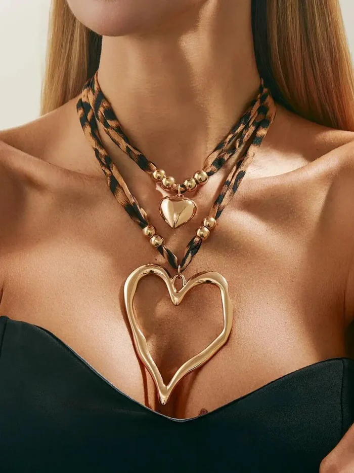 Heart Leopard Boho Necklace with Layered Pendant Design