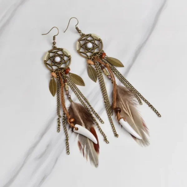 Spirit Tribal Vintage Dream Catcher Feather Earrings with Bohemian Accents