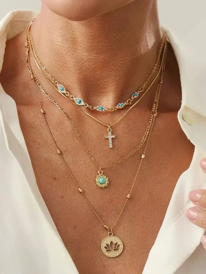 Sa2a840c9d88c4e258a77f88d4f345a0cn.webp Elements Lost and Found Gold Layered Necklace with Turquoise Details
