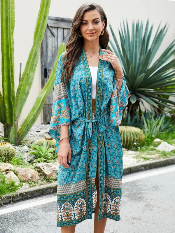 Sa2b5dc21f5d14ab28e370ea091f8e918T.webp Turquoise Floral Wide-Sleeve Kimono Cover-up
