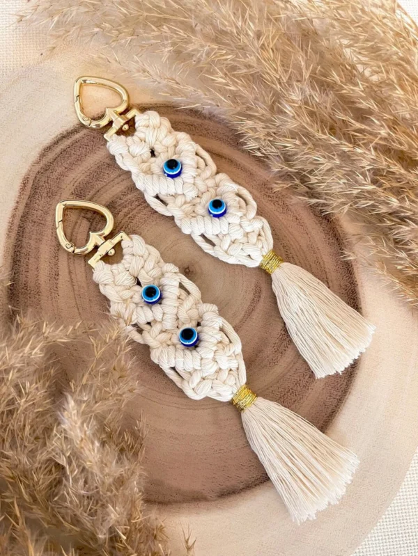 Boho Evil Eye Crochet Keychain Bag Charm with Tassel Detail