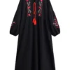 Sb2659e3784bc453ea249a8dbd114fd65w.webp Folk-Inspired Embroidered Boho Maxi Dress | Tassel Tie & Puff Sleeves