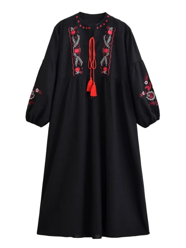 Sb2659e3784bc453ea249a8dbd114fd65w.webp Folk-Inspired Embroidered Boho Maxi Dress | Tassel Tie & Puff Sleeves