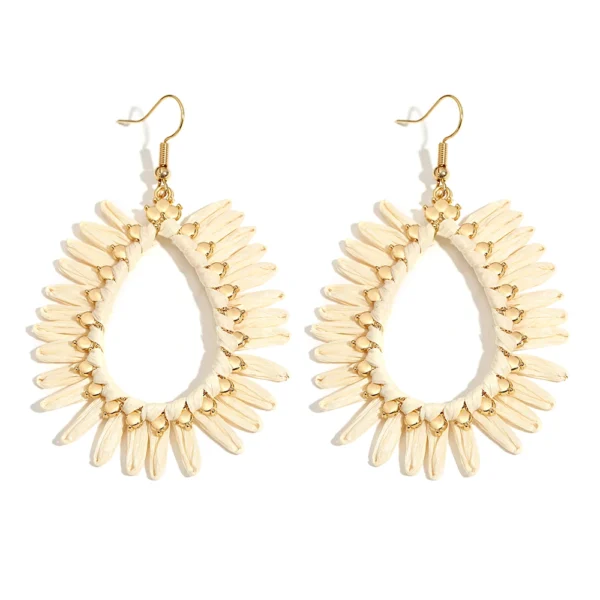 Sb6fd7b4224ea491eb4f43e82171867eez.webp Wide teardrop raffia earrings with soft fringed edges