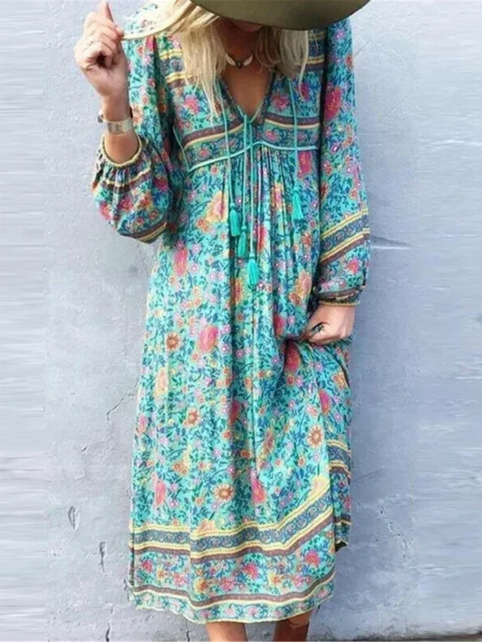 Sb84e876e13a7442697f76cbcc296c578J.webp Wilderness Boho Floral Bohemian Dress with Tassels and Tie-Front